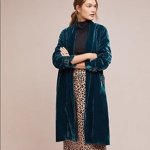 Anthropologie Green Velvet Trench Coat